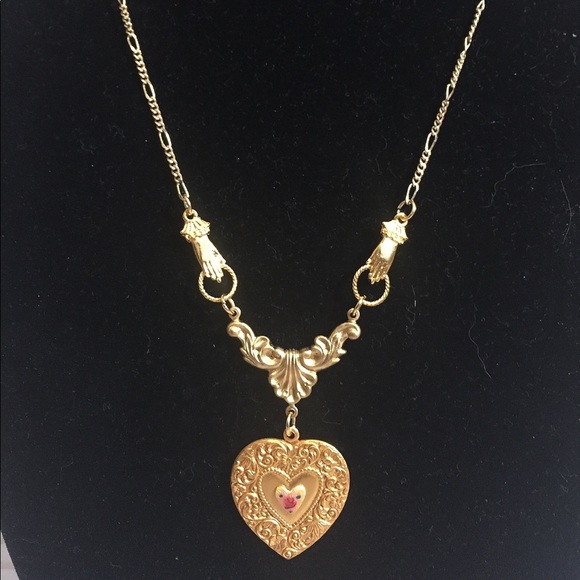 Jewelry - Dresden guilloche enamel heart & brass necklace